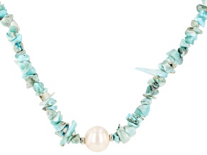 Pre-Owned White Cultured Freshwater Pearl And Larimar Rhodium Over Sterling Silver Necklace