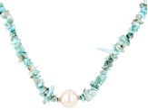 Pre-Owned White Cultured Freshwater Pearl And Larimar Rhodium Over Sterling Silver Necklace