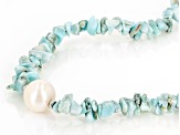 Pre-Owned White Cultured Freshwater Pearl And Larimar Rhodium Over Sterling Silver Necklace