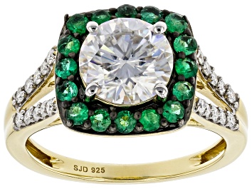 Picture of Pre-Owned Moissanite and Zambian emerald 14k Yellow Gold Over Silver ring 2.10ctw DEW.