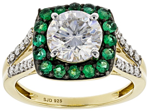 Pre-Owned Moissanite and Zambian emerald 14k Yellow Gold Over Silver ring 2.10ctw DEW.