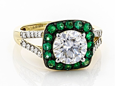 Pre-Owned Moissanite and Zambian emerald 14k Yellow Gold Over Silver ring 2.10ctw DEW.