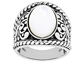 Pre-Owned White Mother-Of-Pearl Oxidized Sterling Silver Ring