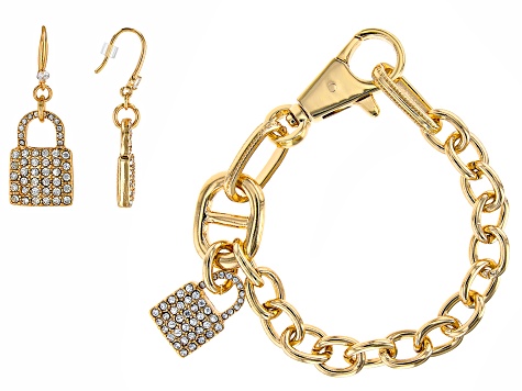 Pre-Owned Crystal Gold Tone Pave Lock Bracelet & Earring Set - P5260