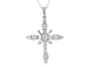 Pre-Owned White Cubic Zirconia Platinum Over Sterling Silver Cross Pendant With Chain 4.09ctw