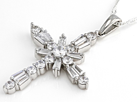 Pre-Owned White Cubic Zirconia Platinum Over Sterling Silver Cross Pendant With Chain 4.09ctw