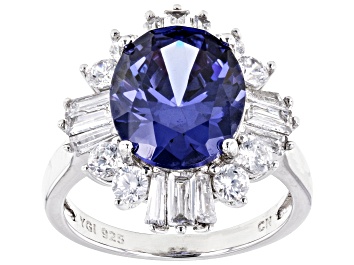 Picture of Pre-Owned Blue And White Cubic Zirconia Rhodium Over Sterling Silver Ring 11.22ctw