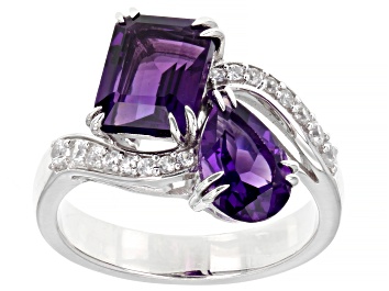 Picture of Pre-Owned Purple African Amethyst With White Zircon Rhodium Over Sterling Silver Bypass Ring 3.25ctw