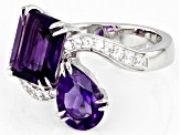 Pre-Owned Purple African Amethyst With White Zircon Rhodium Over Sterling Silver Bypass Ring 3.25ctw