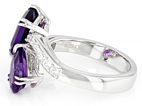 Pre-Owned Purple African Amethyst With White Zircon Rhodium Over Sterling Silver Bypass Ring 3.25ctw