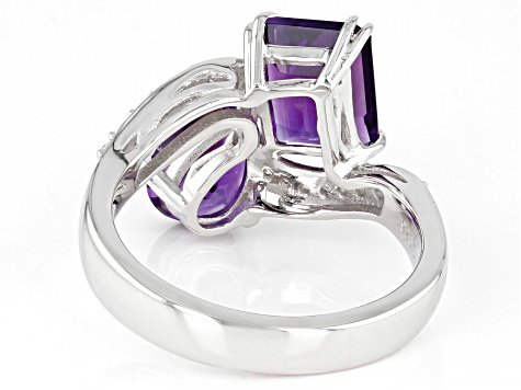 Pre-Owned Purple African Amethyst With White Zircon Rhodium Over Sterling Silver Bypass Ring 3.25ctw