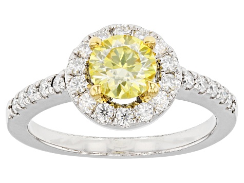 Pre-Owned Yellow and colorless moissanite platineve halo ring 1.28ctw DEW
