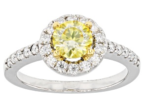 Pre-Owned Yellow and colorless moissanite platineve halo ring 1.28ctw DEW
