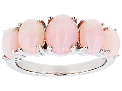 Pre-Owned Oval Pink Opal Rhodium Over Sterling Silver 5-Stone Ring