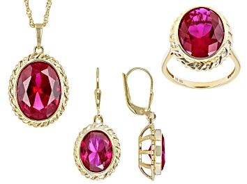 Picture of Pre-Owned Red Lab Created Ruby 18k Yellow Gold Over Sterling Silver Ring, Earring And Pendant With C