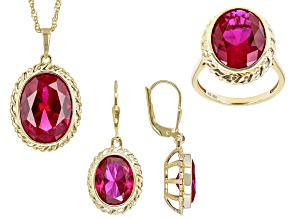 Pre-Owned Red Lab Created Ruby 18k Yellow Gold Over Sterling Silver Ring, Earring And Pendant With C