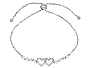 Pre-Owned White Lab Created Sapphire Rhodium Over Sterling Silver Hearts Bolo Bracelet 0.61ctw