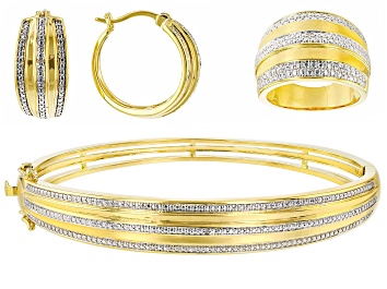 Picture of Pre-Owned White Diamond Accent 14k Yellow Gold Over Bronze Ring, Earring And Bracelet Set