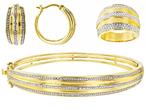 Pre-Owned White Diamond Accent 14k Yellow Gold Over Bronze Ring, Earring And Bracelet Set