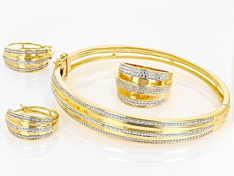 Pre-Owned White Diamond Accent 14k Yellow Gold Over Bronze Ring, Earring And Bracelet Set