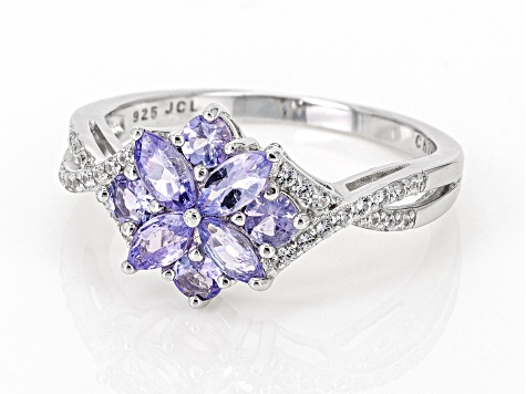 Pre-Owned Blue Tanzanite With Zircon Rhodium Over Sterling Silver Ring 0.95ctw