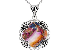 Pre-Owned Blended Turquoise and Purple Spiny Oyster Shell Rhodium Over Silver Pendant with Chain