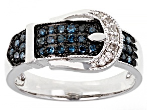 Pre-Owned Blue And White Diamond Rhodium Over Sterling Silver Buckle Ring 0.25ctw