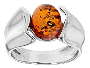 Pre-Owned Brown Oval Cabochon Cognac Amber Rhodium Over Sterling Silver Solitaire Ring 10x8mm