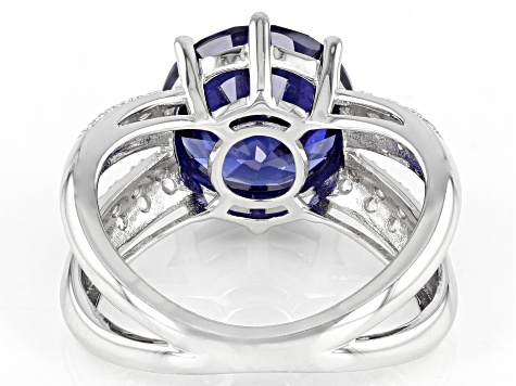 Pre-Owned Blue And White Cubic Zirconia Rhodium Over Sterling Silver Ring 8.45ctw