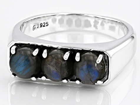 Pre-Owned Gray Labradorite Rhodium Over Sterling Silver 3-Stone Men's Ring