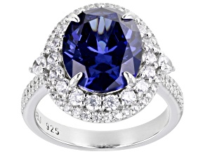 Pre-Owned Blue And White Cubic Zirconia Rhodium Over Sterling Silver Ring 10.13ctw