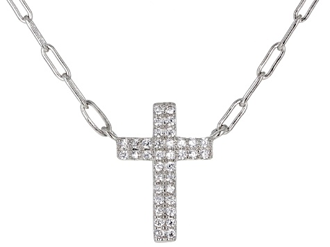 Pre-Owned White Cubic Zirconia Platinum Over Sterling Silver Paperclip Cross Necklace 0.32ctw