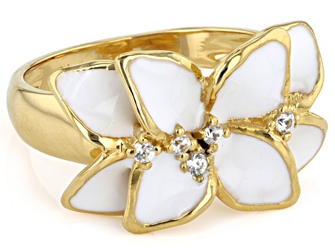 Pre-Owned White Enamel & White Zircon 18k Yellow Gold Over Brass Flower Ring