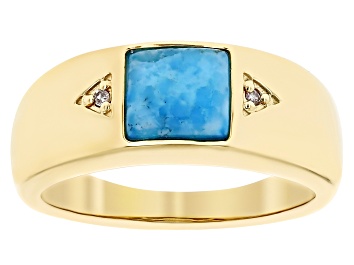 Picture of Pre-Owned Blue Turquoise 18k Yellow Gold Over Sterling Silver Band Ring 0.01ctw