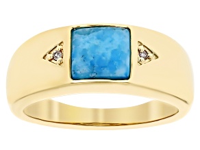 Pre-Owned Blue Turquoise 18k Yellow Gold Over Sterling Silver Band Ring 0.01ctw