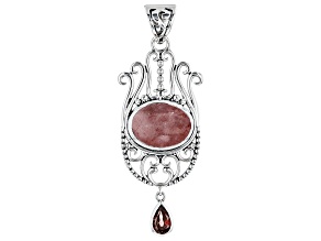 Pre-Owned Pink Strawberry Quartz And Garnet Sterling Silver Pendant