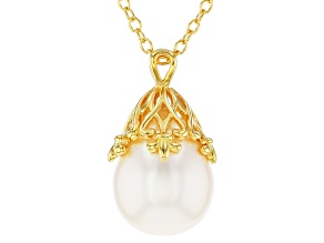 Pre-Owned White Cultured Freshwater Pearl 18k Yellow Gold Over Sterling Silver Pendant With Chain