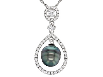 Picture of Pre-Owned Cultured Tahitian Pearl With White Zircon Rhodium Over Sterling Silver Pendant With Chain