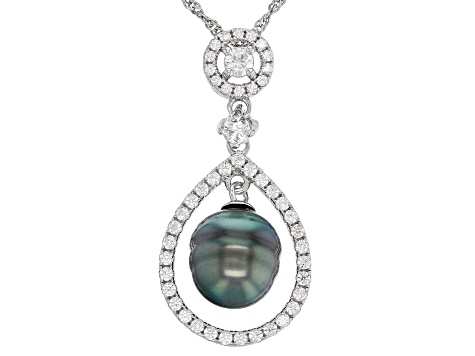Pre-Owned Cultured Tahitian Pearl With White Zircon Rhodium Over Sterling Silver Pendant With Chain