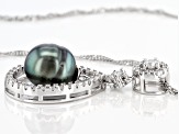 Pre-Owned Cultured Tahitian Pearl With White Zircon Rhodium Over Sterling Silver Pendant With Chain