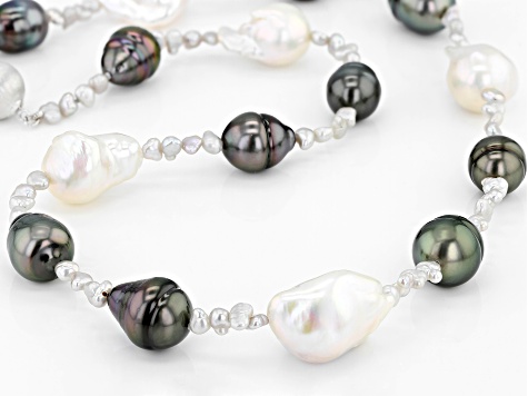 Pre-Owned 3-15mm Cultured Tahitian and Freshwater Pearl Rhodium over Sterling Silver 18 inch Necklac