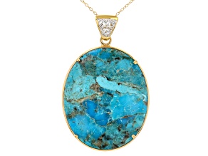 Pre-Owned Blue Kingman Turquoise And Abalone Shell 18k Yellow Gold Over Silver Pendant With Chain 0.