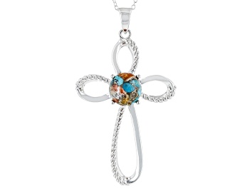 Picture of Pre-Owned Orange Spiny Oyster Shell and Blue Composite Turquoise Sterling Silver Cross Pendant