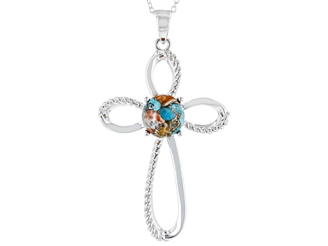 Pre-Owned Orange Spiny Oyster Shell and Blue Composite Turquoise Sterling Silver Cross Pendant