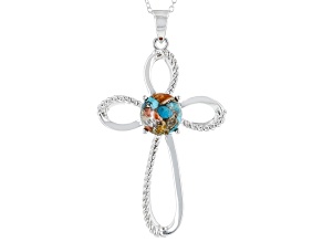 Pre-Owned Orange Spiny Oyster Shell and Blue Composite Turquoise Sterling Silver Cross Pendant