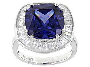 Picture of Pre-Owned Blue And White Cubic Zirconia Rhodium Over Sterling Silver Ring 11.20ctw