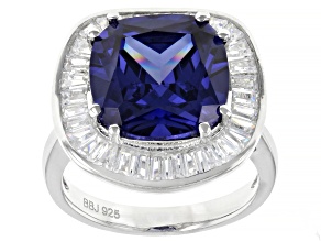 Pre-Owned Blue And White Cubic Zirconia Rhodium Over Sterling Silver Ring 11.20ctw