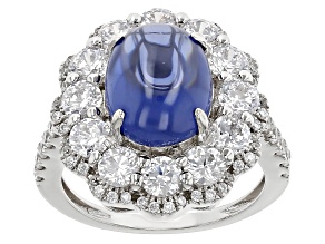 Pre-Owned Blue Cabochon And White Cubic Zirconia Rhodium Over Sterling Silver Ring 11.74ctw