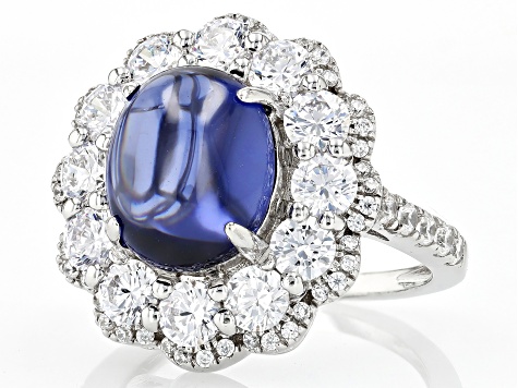 Pre-Owned Blue Cabochon And White Cubic Zirconia Rhodium Over Sterling Silver Ring 11.74ctw