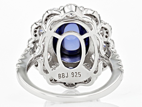 Pre-Owned Blue Cabochon And White Cubic Zirconia Rhodium Over Sterling Silver Ring 11.74ctw